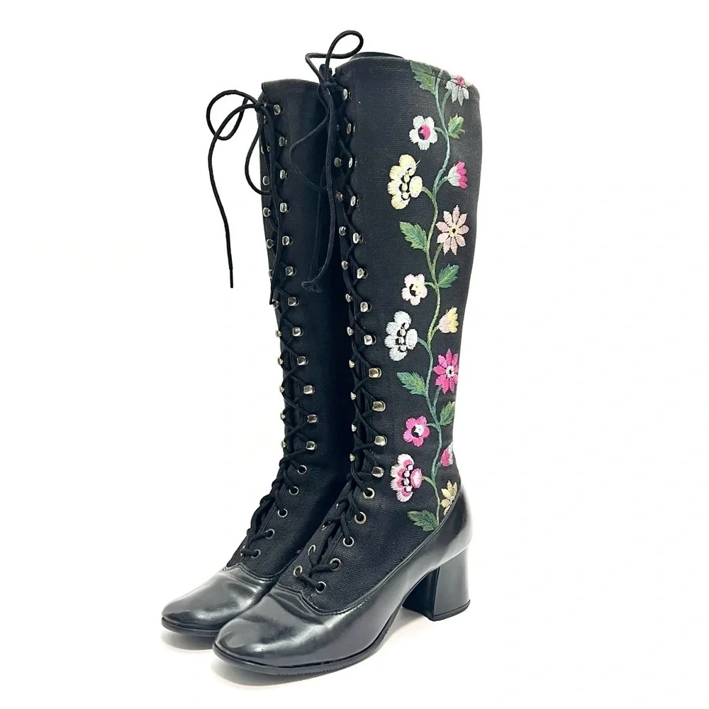 Vintage 1970s black canvas floral embroidered lace up knee high Penny Lane boots